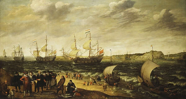 Men-of-War sailing out of an Estuary with figures in the forground, (oil on canvas)