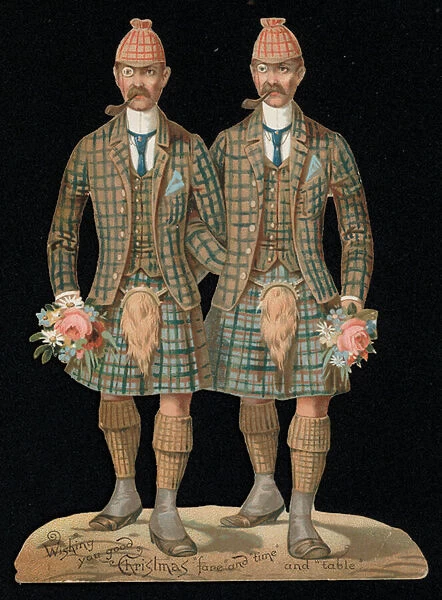 Men in Scottish dress with flowers, Christmas card (chromolitho)