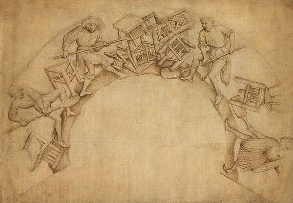 Men Shoveling Chairs (Scupstoel), 1444-50 (pen, ink and chalk)