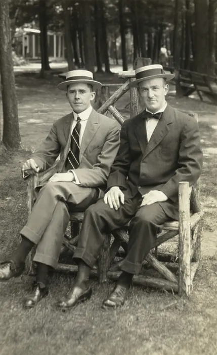 Framed Print : two men sitting on rustic tree-limb bench c.1910 Framed Print : two men sitting on rustic tree-limb bench c.1910
