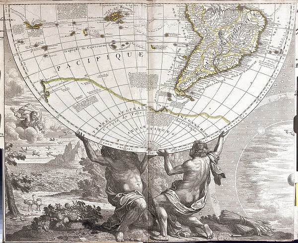 Two men support the earthly gobe, with the map of South America (etching, 1717)