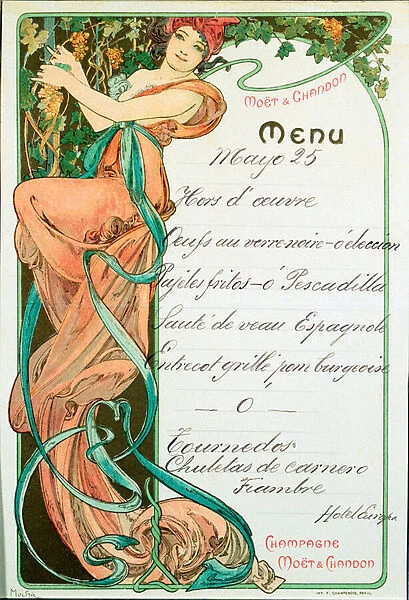 Menu printed by Champagne Moet and Chandon for a French speciality meal. Illustration by Alphonse Mucha (1860-1939) Dim. 22x15 cm Milan, private collection
