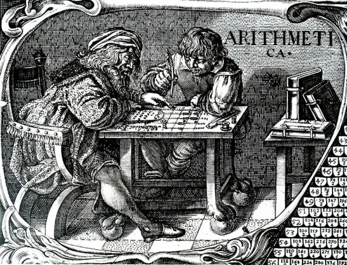 Framed Print : A merchant and his clerk using a calculating table Framed Print : A merchant and his clerk using a calculating table