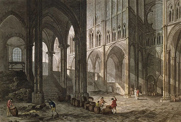 Merchant selling wine inside the basilica of Saint-Denis, 1809 (colour engraving)