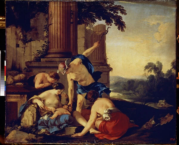 'Mercure confie l education de Bacchus aux nymphes de Nysa'(Mercury giving the child Bacchus to the Nymphs of Nysa) Peinture de Laurent de la Hyre (1606-1656) 1638 Dim. 112