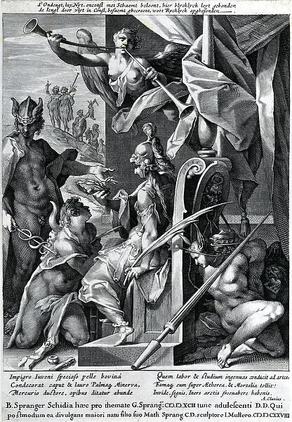 Mercury and Minerva arm a hero with a bulls hide and a laurel wreath, 1604