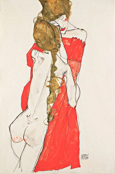 Mere et fille - Oeuvre de Egon Schiele (1890-1918), gouache sur papier, 1913 (47, 9x31, 1 cm) - Mother and Daughter, Gouache on paper by Egon Schiele, 1913 - Leopold Museum, Vienna