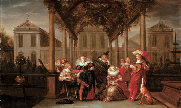 A merry company playing music under a flowered porch in a garden (oil on panel)
