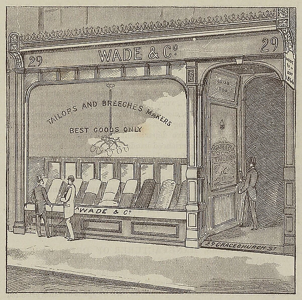 Messrs Wade and Co, Tailors, Habit and Breeches Makers, Colonial and American Outfitters, 29, Gracechurch Street, EC (engraving)