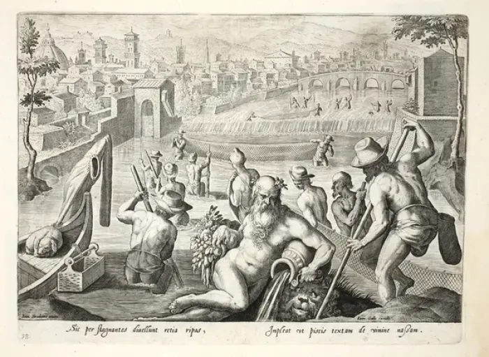 Framed Print : Method of catching fish in shallow water using nets, illustration from Venationes