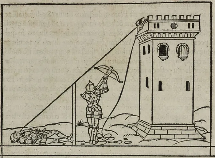 Framed Print : Method for determining height of building using crossbow, woodcut from De re military, by Roberto Valturio, printed by Christian Wechel, Paris, 1532