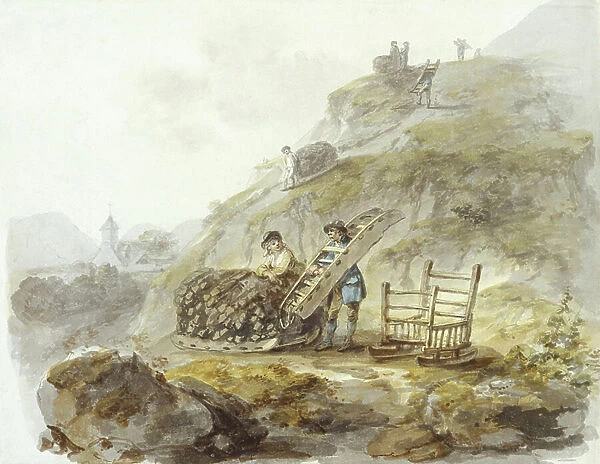 Method of obtaining peat from hills near Mallwyd, c.1792 (w / c, ink & pencil on paper)