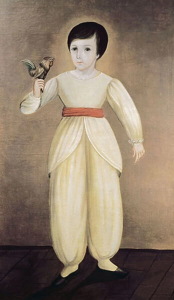 Mexican boy holding cockerel, 19th century