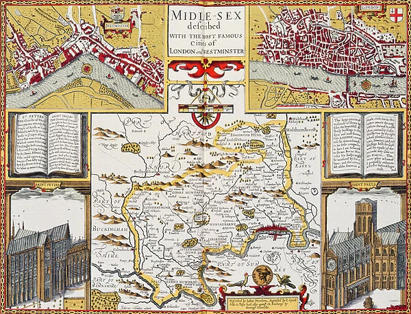 Midlesex described with the most famous cities of London and Westminster, from Speeds Theatre of the Empire of Great Britain, 1611-12 (hand coloured copper engraving)