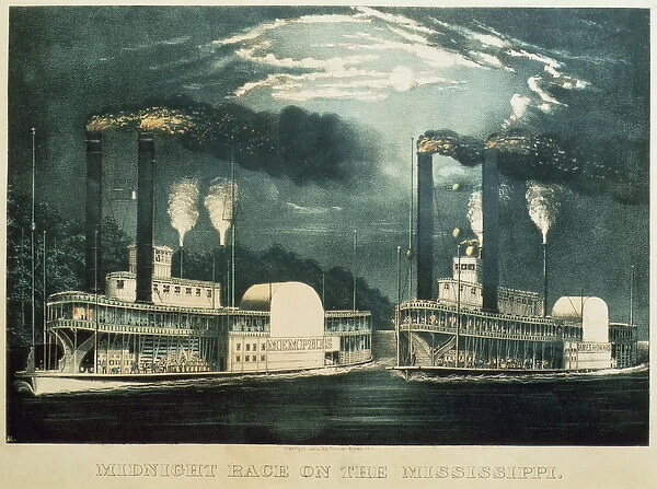 Midnight Race on the Mississippi, 1875 (litho)