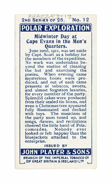 Midwinter day at Cape Evans in the Men's Quarters (Reverse), 1916 (card)