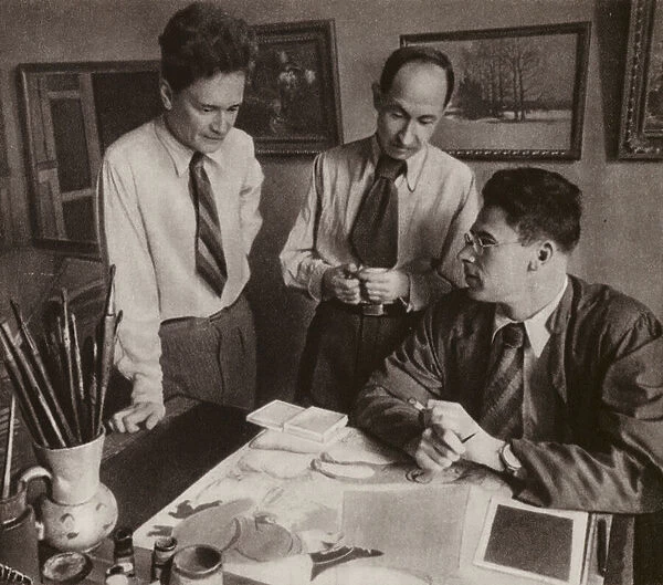 Mikhail Kupriyanov, Porfiri Krylov and Nikolai Sokolov, Soviet Russian cartoonists (b  /  w photo)