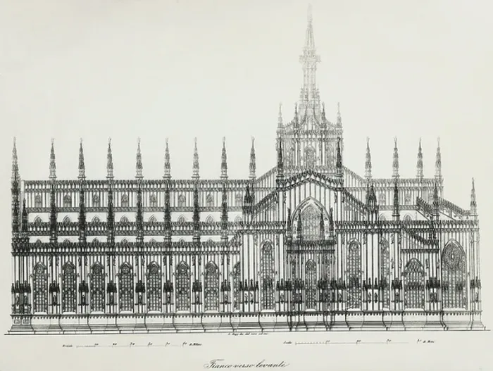 Framed Print : Milan Cathedral, longitudinal elevation of eastern side, engraving from Monumental Italy by Vincenzo de Castro (1808-1886), 1870, Italy, 19th century