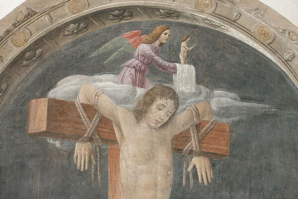 Milan, Refectory of the Cenacolo Vinciano, Donato Montorfano, Crucifixion of Christ, 1495, Thief saved by an angel who holds his repentant soul in his hands