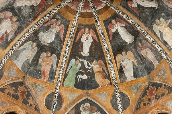Milan, S. Pietro in Gessate Church, Grifi Chapel, Volta, Bernardino Butinone and Bernardo Zenale 1489  /  93, Radial of Red Cherubs and Circle of Praying Angels and Musicians