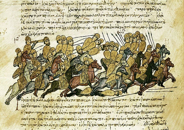 The military campaigns led by the Byzantine Emperor Leon VI 'The Wise' (866-912) against the Bulgarians in 894, miniature from 'Synopsis historiarum', c.1126-1150, 12th century (illuminated manuscript)