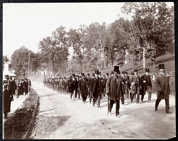 Military parade with uniformed men in top hats in Dobbs Ferry, New York