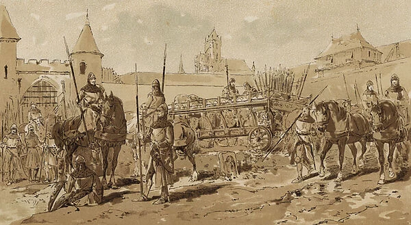 Military wagon and cavalrymen, 13th Century (litho)