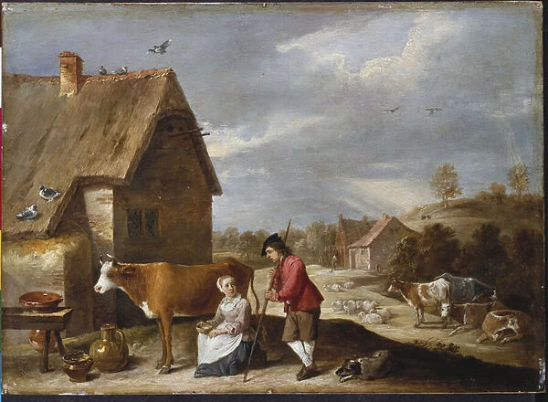 A Milkmaid and a Shepherd Outside a Cottage, late 1640s (oil on copper)