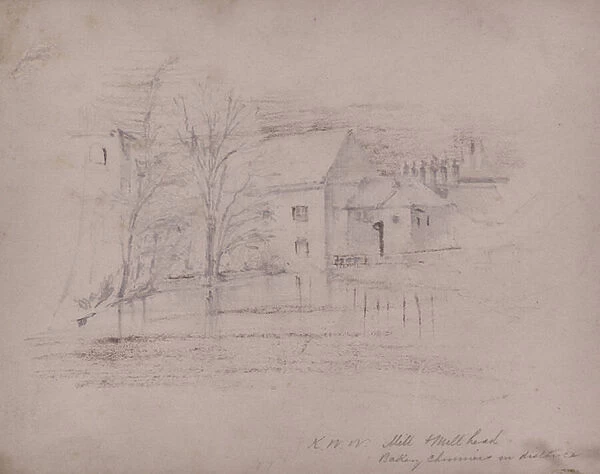 Mill and mill head bakery chimney in distance, 19th century (Pencil, Chalk)