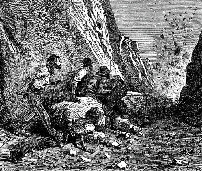 Framed Print : Miners using dynamite for blasting. Wood engraving, Paris, 1879