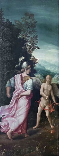 Minerva scolding Cupid, 16th century (oil on panel)