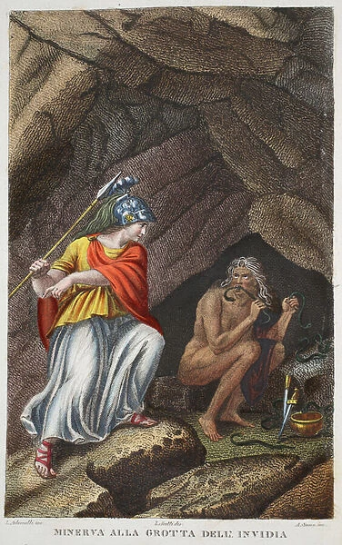 Minerva visits Envy or Minerva all Grotta deli Invidia, illustration from Ovid