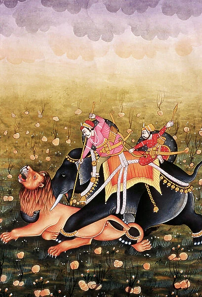 Miniature Painting on Paper, Mughal King Hunting
