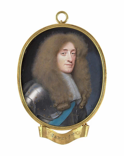Miniature portrait of James, Duke of York (1633-1701), later King James II. c.1670 (watercolour, gilt, velvet)