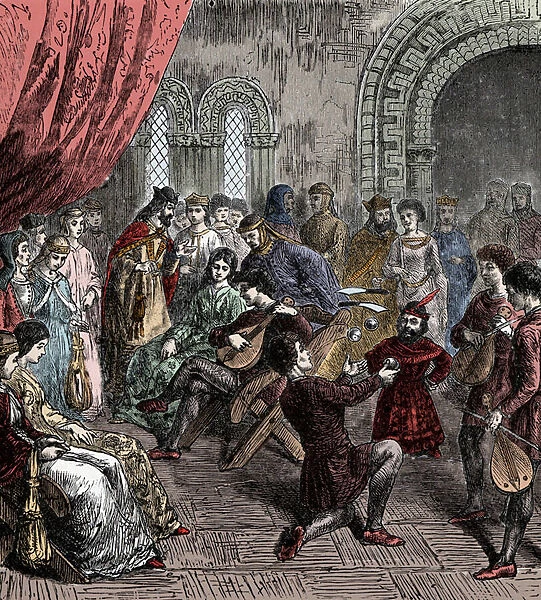 Minstrels and Jugglers at Court (hand-coloured engraving)