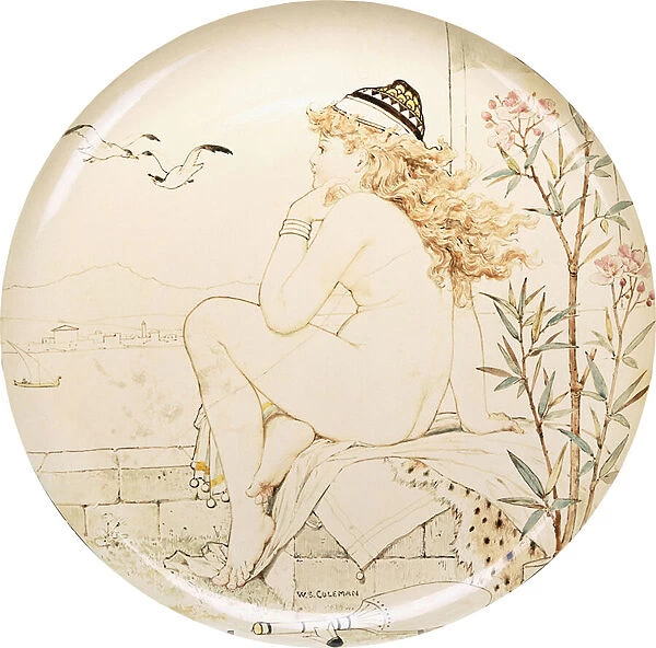 A Minton Art Pottery Studio charger, painted with a nude staring out to sea