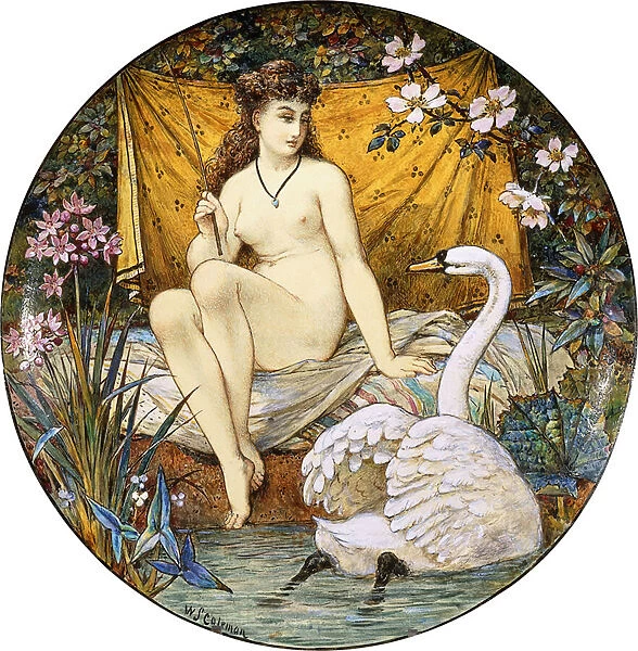 A Minton earthenware large tazza, depicting Leda and the Swan, (earthenware)