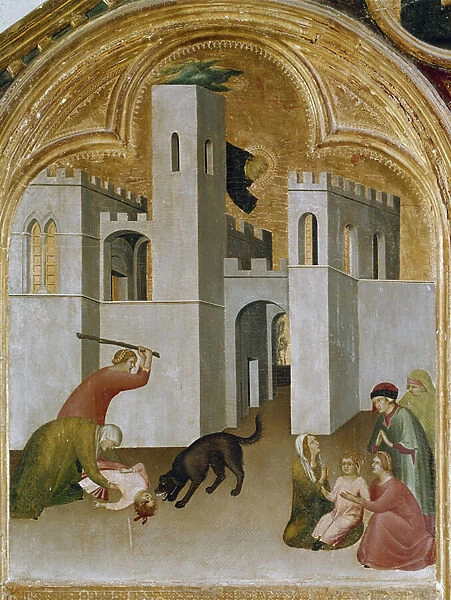 The miracle of the child grabs between the fangs of a wolf. Part of the triptych History of Hermit of St. Augustine (Tempera on wood, 1325-1328)