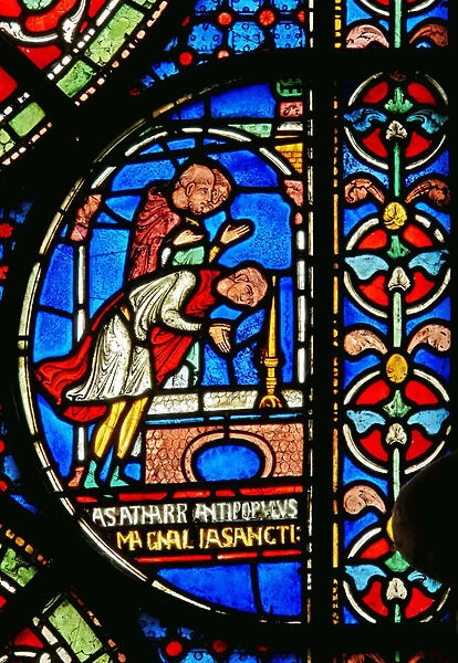 Detail from the Miracle Window depicting Eilward of Westoning giving thanks at the tomb