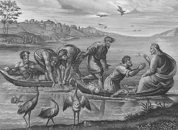 The Miraculous Draught of Fishes, St Luke, Chapter 5, Verses 1-12 (engraving)