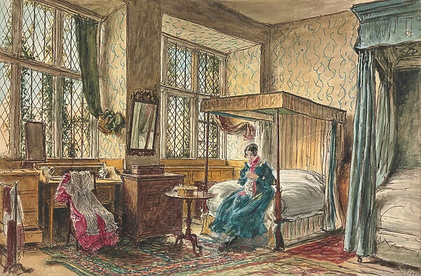 Miss Moore sewing in her bedroom, Hardwick Hall, Derbyshire (pen & ink and w  /  c on paper)