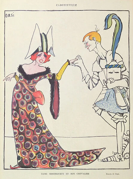 Mistinguett (1875-1956) et son Chevalier, caricature from Le Rire, 1918 (colour litho)