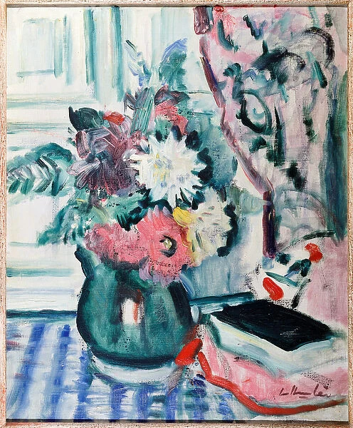 Mixed Dahlias in a Green Vase, with a Book on a Chequered Tablecloth (oil on canvas)