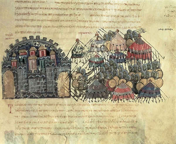MMS Vitr. 26-7 Byzantines Laying Siege to Messina, from the Madrid Skylitzes (vellum)