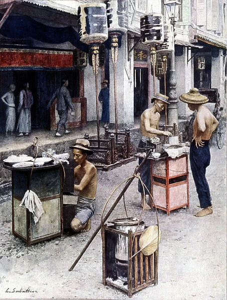 Mobile restaurants in Singapores Chinatown. Illustration by L. Sabatier