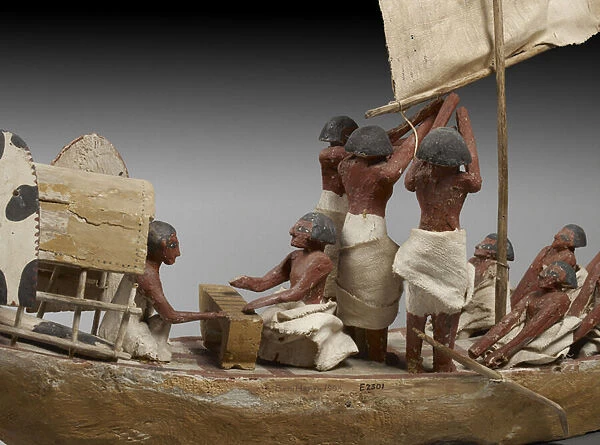 Detail of a model war boat with sail, oars and 14 figures, 9th-11th Dynasty (c