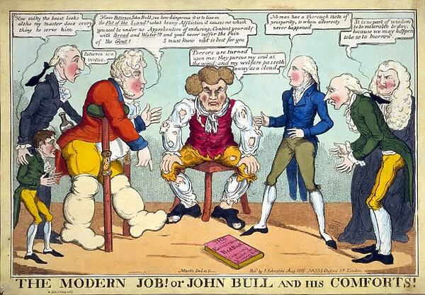 The Modern Job! Or John Bull and his Comforts!, pub. 1816 (hand coloured engraving)