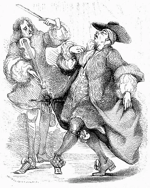 Moliere: The bourgeois gentleman, Mr. Jourdain dances under the direction of his music master. Engraving by Tony Johannot in the edition of the complete works, Paulin 1836