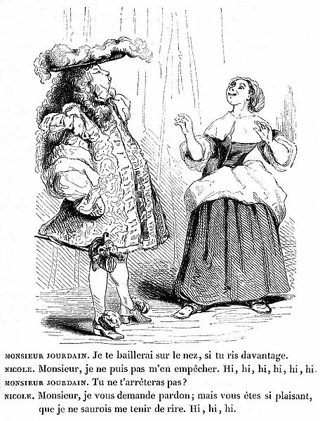 Moliere, Le bourgeois gentilhomme: Monsieur Jourdain gets angry at his servant Nicole, who cannot help but laugh at his new costume. Engraving by Tony Johannot in the edition of the complete works, Paulin 1836