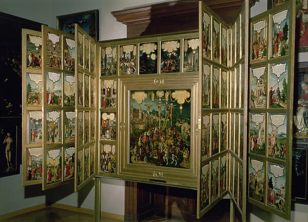 Mompelgarter Altarpiece, with central panel and six hinged side panels, all depicting